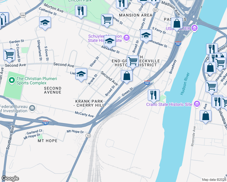 map of restaurants, bars, coffee shops, grocery stores, and more near 477 South Pearl Street in Albany