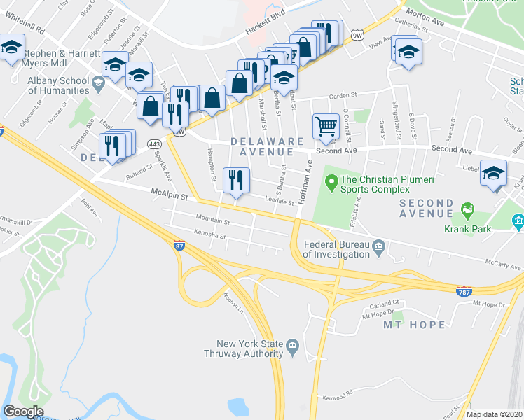 map of restaurants, bars, coffee shops, grocery stores, and more near 140 Southern Boulevard in Albany