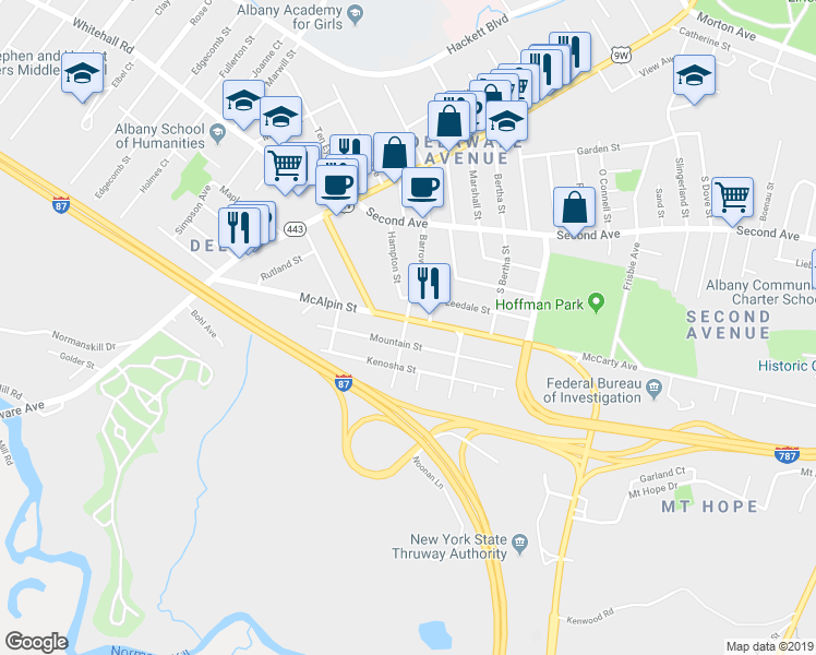 map of restaurants, bars, coffee shops, grocery stores, and more near 341 Mountain Street in Albany