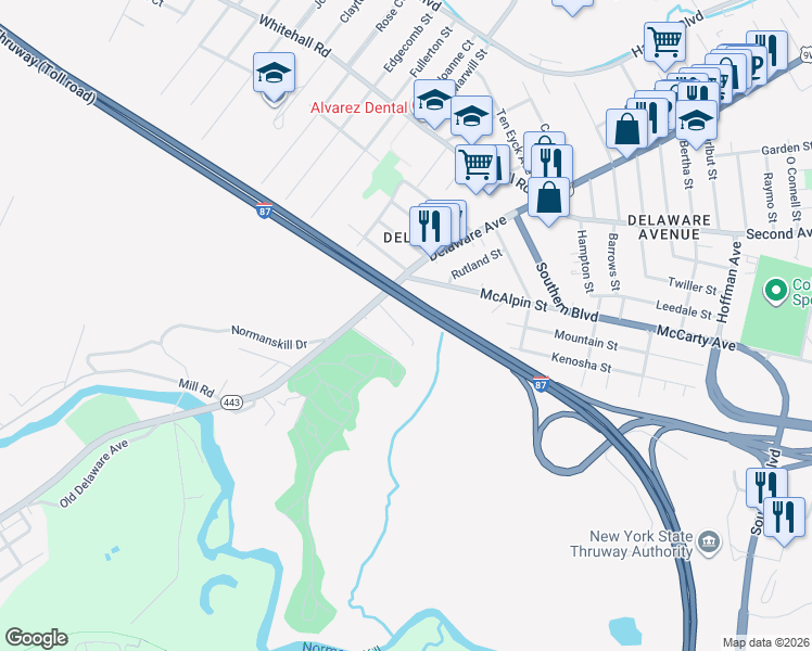 map of restaurants, bars, coffee shops, grocery stores, and more near in Albany