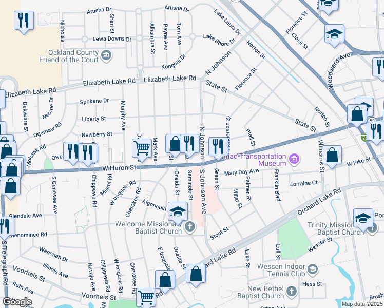 map of restaurants, bars, coffee shops, grocery stores, and more near 476 West Huron Street in Pontiac