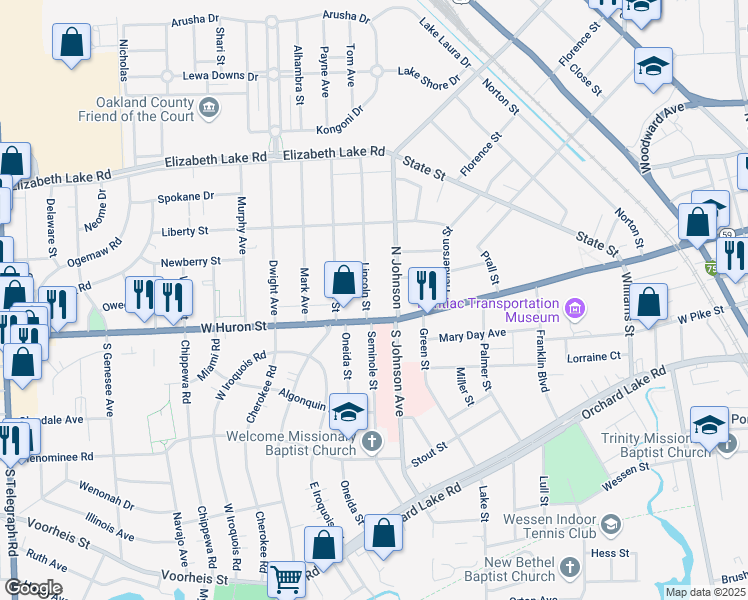 map of restaurants, bars, coffee shops, grocery stores, and more near 476 West Huron Street in Pontiac