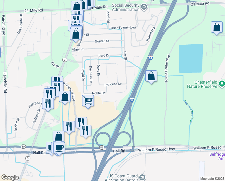 map of restaurants, bars, coffee shops, grocery stores, and more near 25642 Noble Drive in New Baltimore