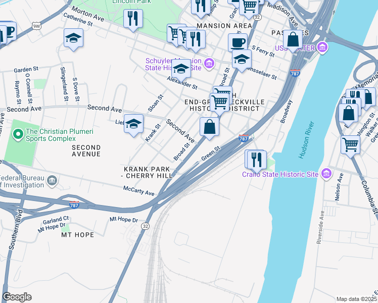 map of restaurants, bars, coffee shops, grocery stores, and more near 477 South Pearl Street in Albany
