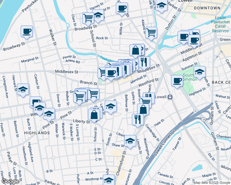map of restaurants, bars, coffee shops, grocery stores, and more near 38 Smith Street in Lowell