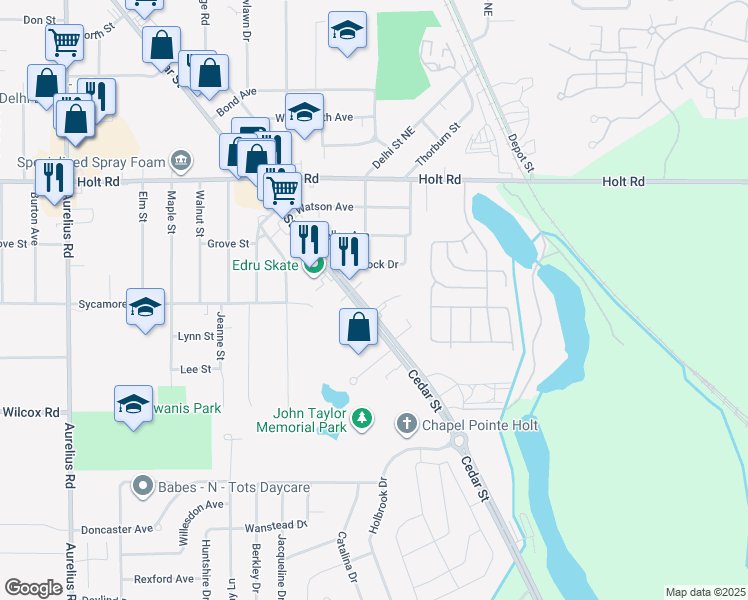map of restaurants, bars, coffee shops, grocery stores, and more near 1838 North Cedar Street in Delhi charter Township