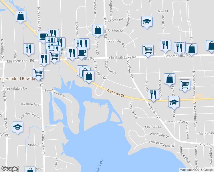 map of restaurants, bars, coffee shops, grocery stores, and more near 2988 West Huron Street in Waterford Township