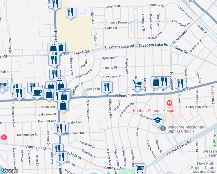 map of restaurants, bars, coffee shops, grocery stores, and more near 33 Waldo Street in Pontiac