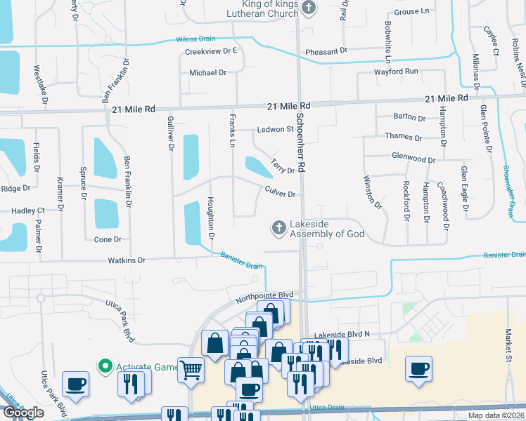 map of restaurants, bars, coffee shops, grocery stores, and more near 46456 Cypress Street in Macomb County