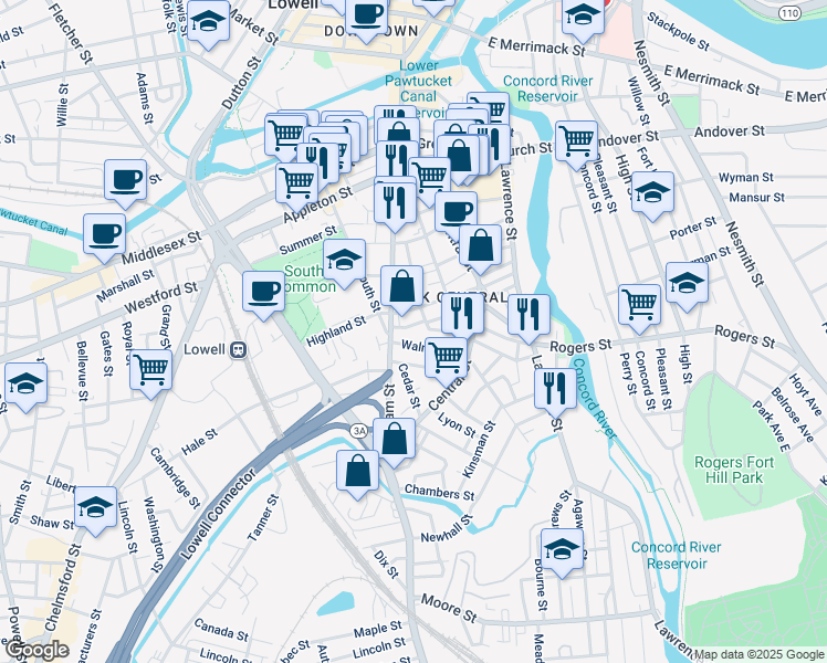 map of restaurants, bars, coffee shops, grocery stores, and more near 7 Walnut Street in Lowell