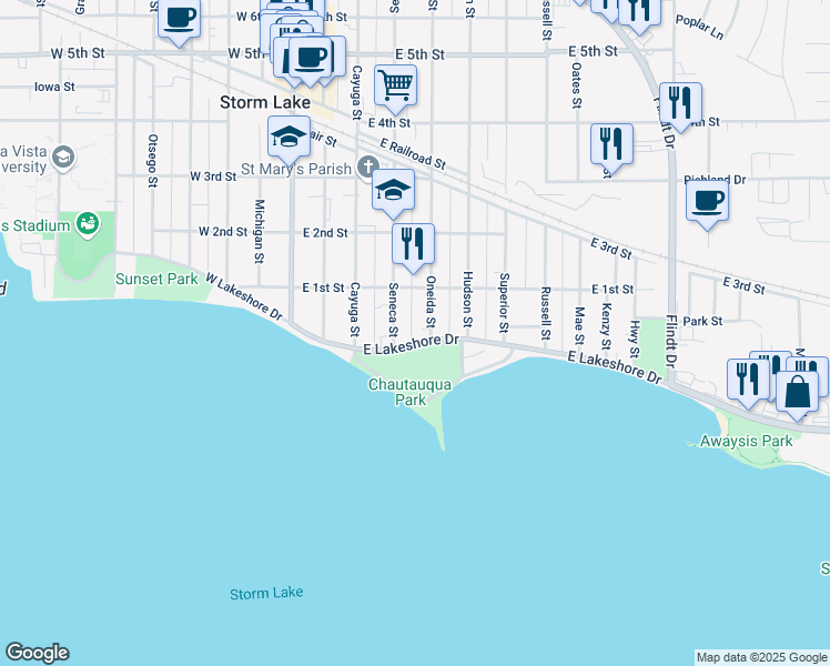 map of restaurants, bars, coffee shops, grocery stores, and more near 101 Oneida Street in Storm Lake