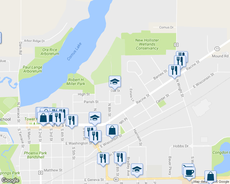 map of restaurants, bars, coffee shops, grocery stores, and more near 307 North 8th Street in Delavan