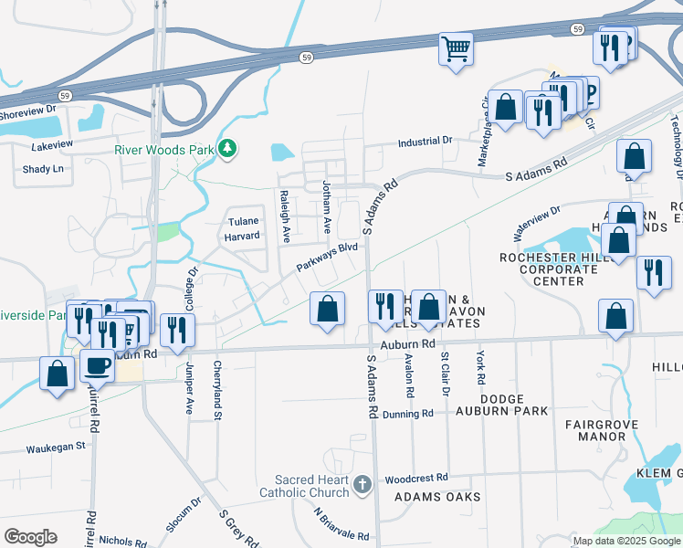 map of restaurants, bars, coffee shops, grocery stores, and more near 114 Rotary Court in Auburn Hills