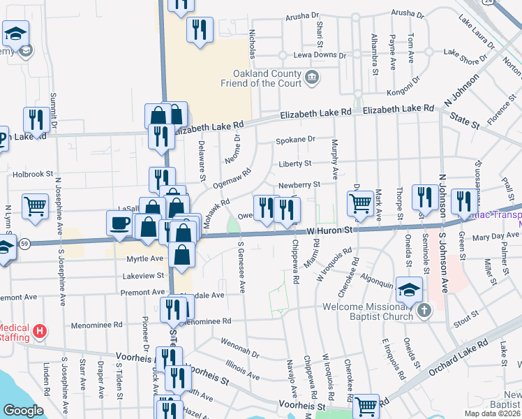 map of restaurants, bars, coffee shops, grocery stores, and more near 761 Owego Drive in Pontiac