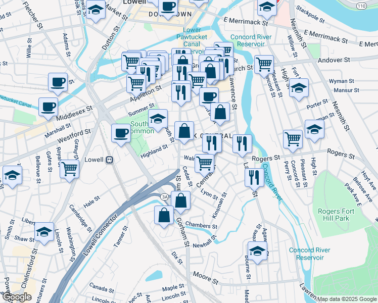 map of restaurants, bars, coffee shops, grocery stores, and more near 7 Walnut Street in Lowell