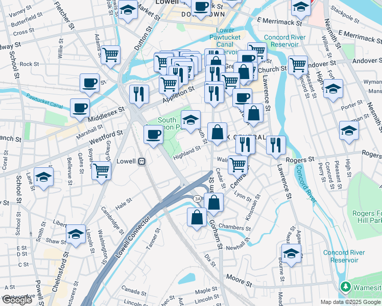 map of restaurants, bars, coffee shops, grocery stores, and more near 26 Highland Street in Lowell