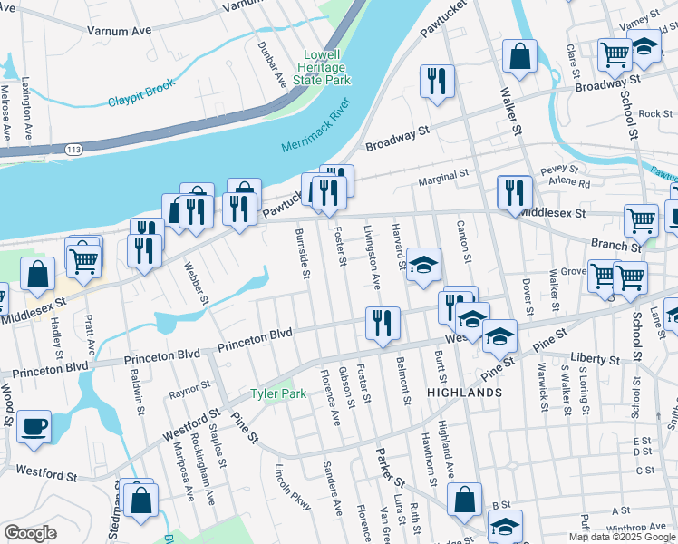 map of restaurants, bars, coffee shops, grocery stores, and more near 85 Sayles Street in Lowell