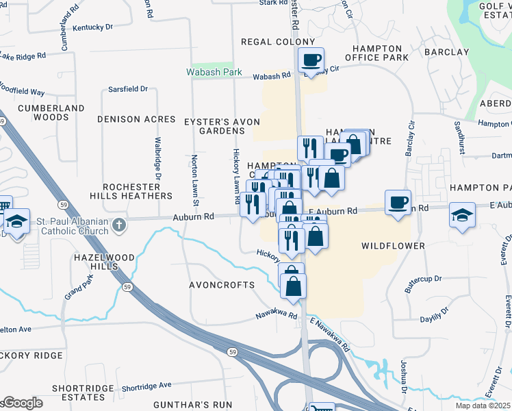 map of restaurants, bars, coffee shops, grocery stores, and more near 151 West Auburn Road in Rochester Hills