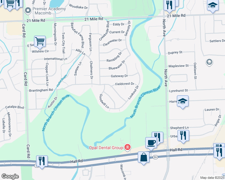 map of restaurants, bars, coffee shops, grocery stores, and more near 22603 Timbercrest Drive in Macomb