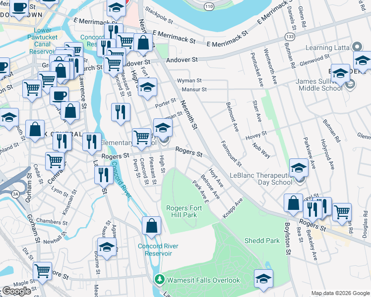 map of restaurants, bars, coffee shops, grocery stores, and more near 214 Rogers Street in Lowell
