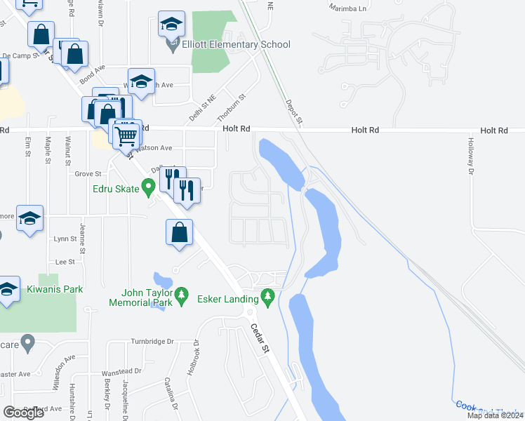 map of restaurants, bars, coffee shops, grocery stores, and more near 4075 Holt Road in Delhi charter Township