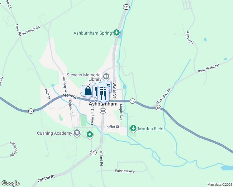 map of restaurants, bars, coffee shops, grocery stores, and more near 30 Main Street in Ashburnham