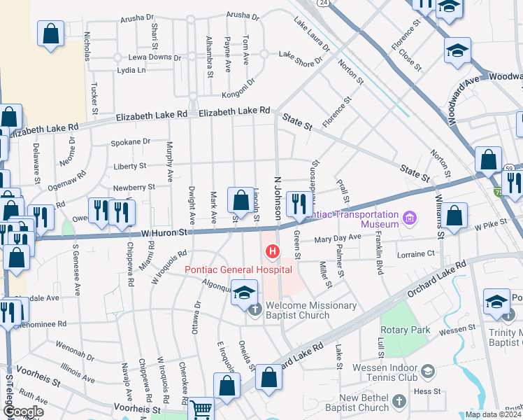 map of restaurants, bars, coffee shops, grocery stores, and more near 26 Lincoln Street in Pontiac