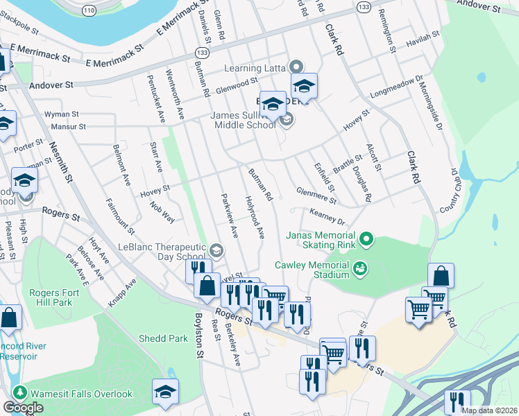 map of restaurants, bars, coffee shops, grocery stores, and more near 100 Holyrood Avenue in Lowell