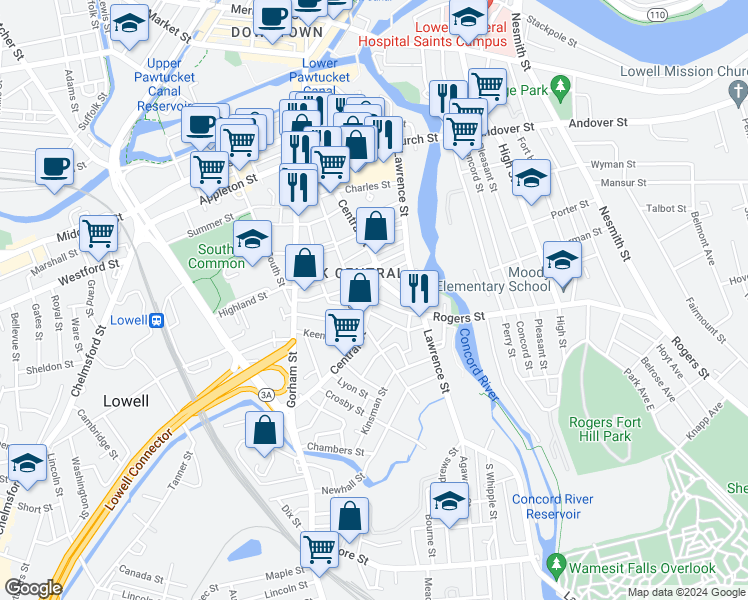 map of restaurants, bars, coffee shops, grocery stores, and more near 5 Hudson Street in Lowell