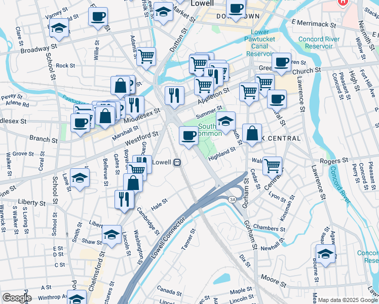 map of restaurants, bars, coffee shops, grocery stores, and more near 1 Hale Street in Lowell