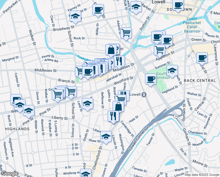 map of restaurants, bars, coffee shops, grocery stores, and more near 16 Bellevue Street in Lowell