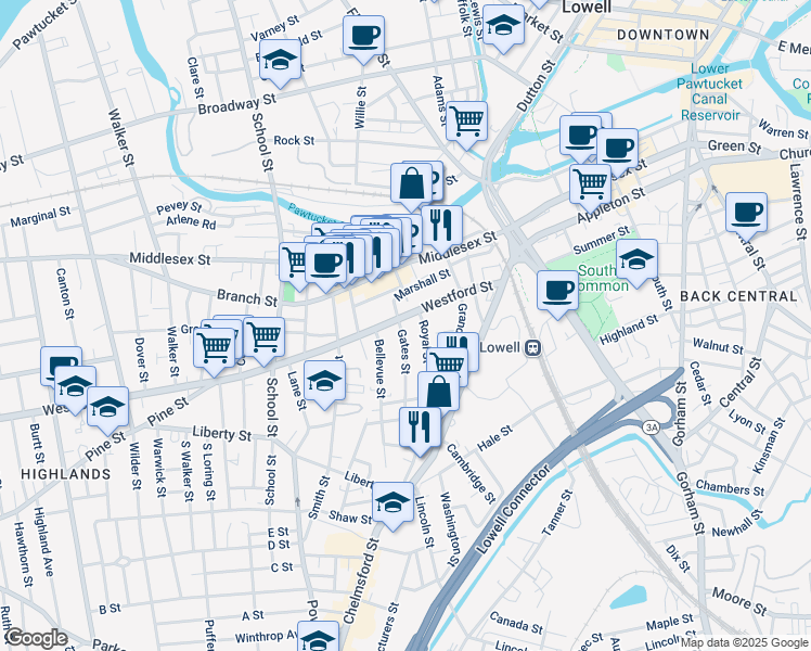 map of restaurants, bars, coffee shops, grocery stores, and more near 16 Bellevue Street in Lowell