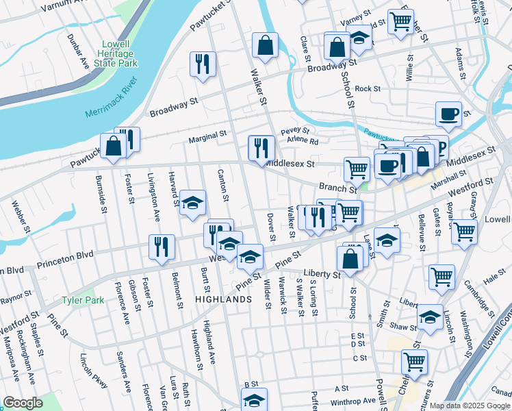 map of restaurants, bars, coffee shops, grocery stores, and more near 348 Wilder Street in Lowell