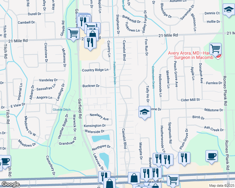 map of restaurants, bars, coffee shops, grocery stores, and more near 17020 Saint Charles Drive in Macomb