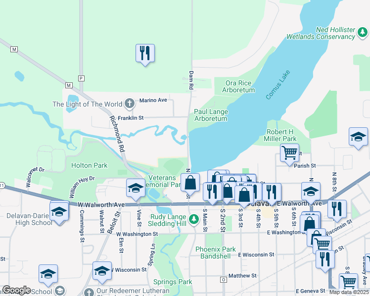 map of restaurants, bars, coffee shops, grocery stores, and more near 406 North Terrace Street in Delavan