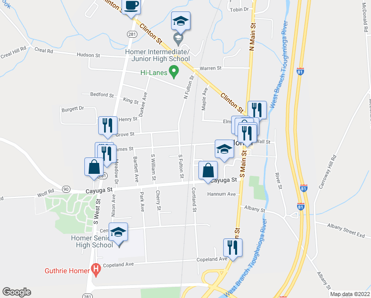 map of restaurants, bars, coffee shops, grocery stores, and more near 46 James Street in Homer