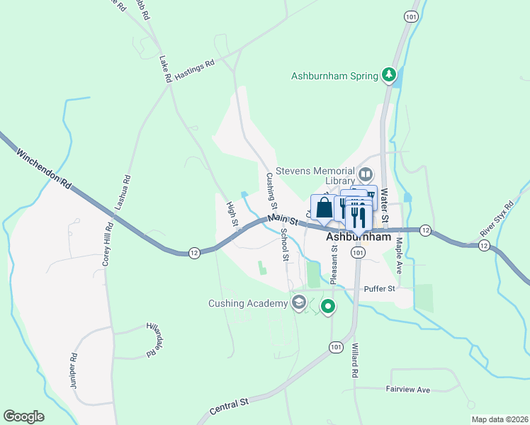 map of restaurants, bars, coffee shops, grocery stores, and more near 107 Main Street in Ashburnham