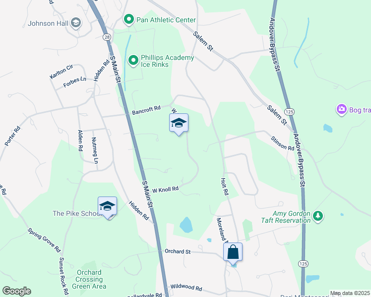 map of restaurants, bars, coffee shops, grocery stores, and more near 15 Bancroft Road in Andover