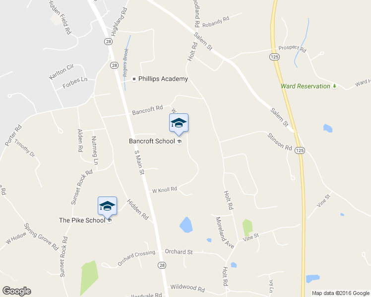map of restaurants, bars, coffee shops, grocery stores, and more near 15 Bancroft Road in Andover