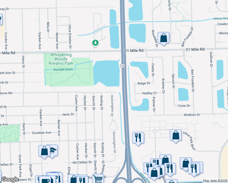 map of restaurants, bars, coffee shops, grocery stores, and more near 45796 Kensington Street in Utica