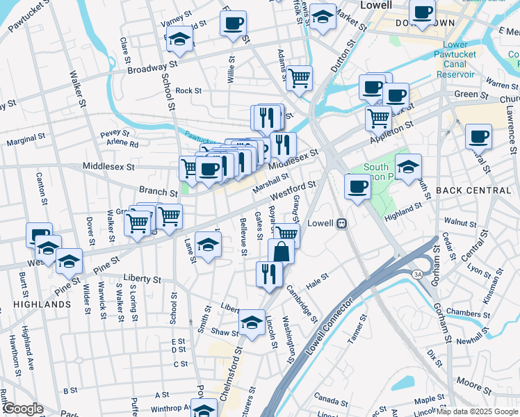 map of restaurants, bars, coffee shops, grocery stores, and more near 110 Westford Street in Lowell