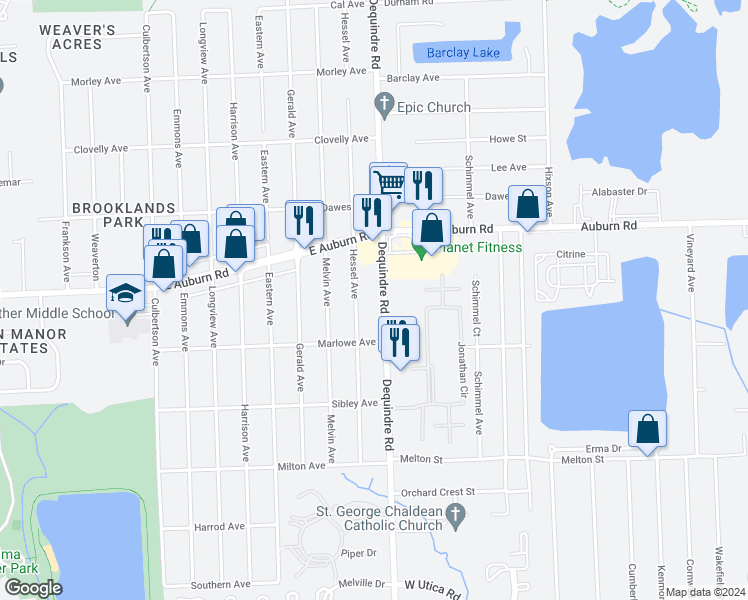map of restaurants, bars, coffee shops, grocery stores, and more near 46673 Dequindre Road in Rochester