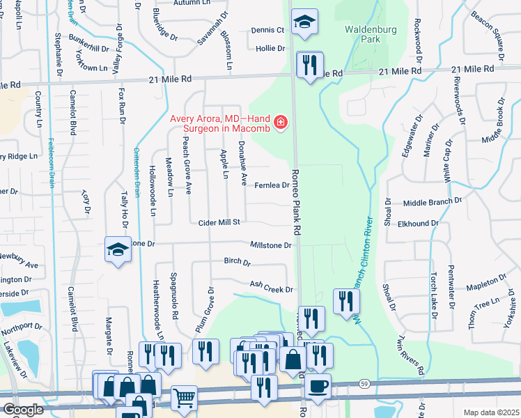 map of restaurants, bars, coffee shops, grocery stores, and more near 18465 Cider Mill Street in Macomb