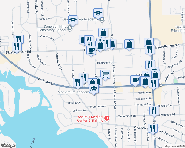map of restaurants, bars, coffee shops, grocery stores, and more near 40 North Lynn Street in Waterford Township