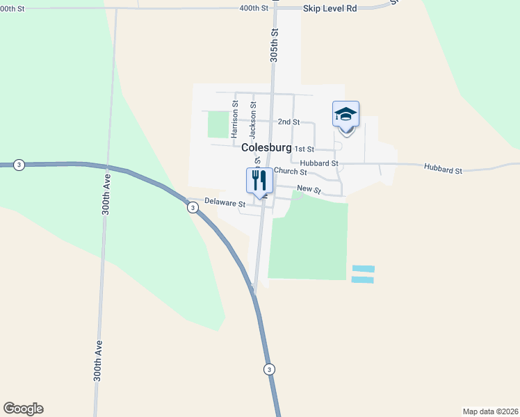 map of restaurants, bars, coffee shops, grocery stores, and more near 144 Main Street in Colesburg