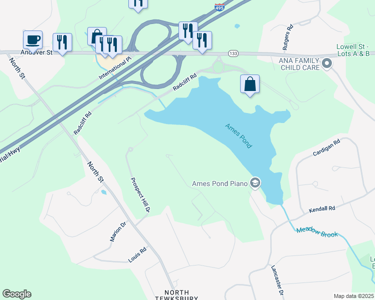 map of restaurants, bars, coffee shops, grocery stores, and more near Ames Hill Drive in Tewksbury