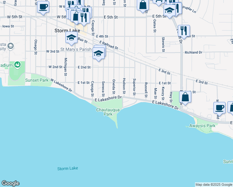 map of restaurants, bars, coffee shops, grocery stores, and more near 101 Oneida Street in Storm Lake