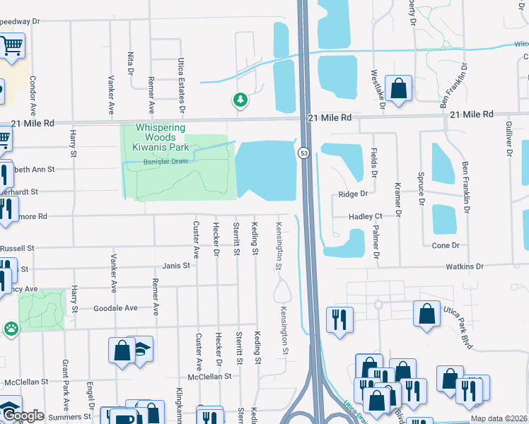 map of restaurants, bars, coffee shops, grocery stores, and more near 45889 Kensington Street in Utica