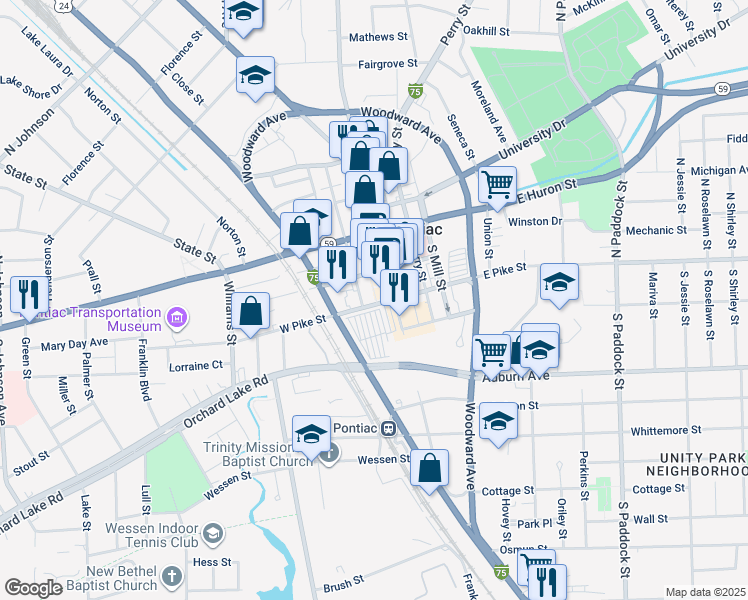 map of restaurants, bars, coffee shops, grocery stores, and more near 25 West Pike Street in Pontiac