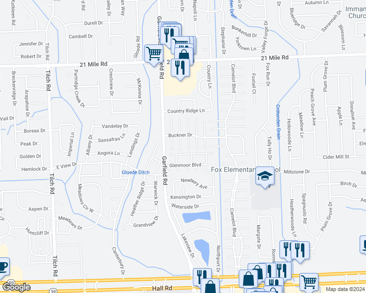 map of restaurants, bars, coffee shops, grocery stores, and more near 46220 Abbey Drive in Macomb